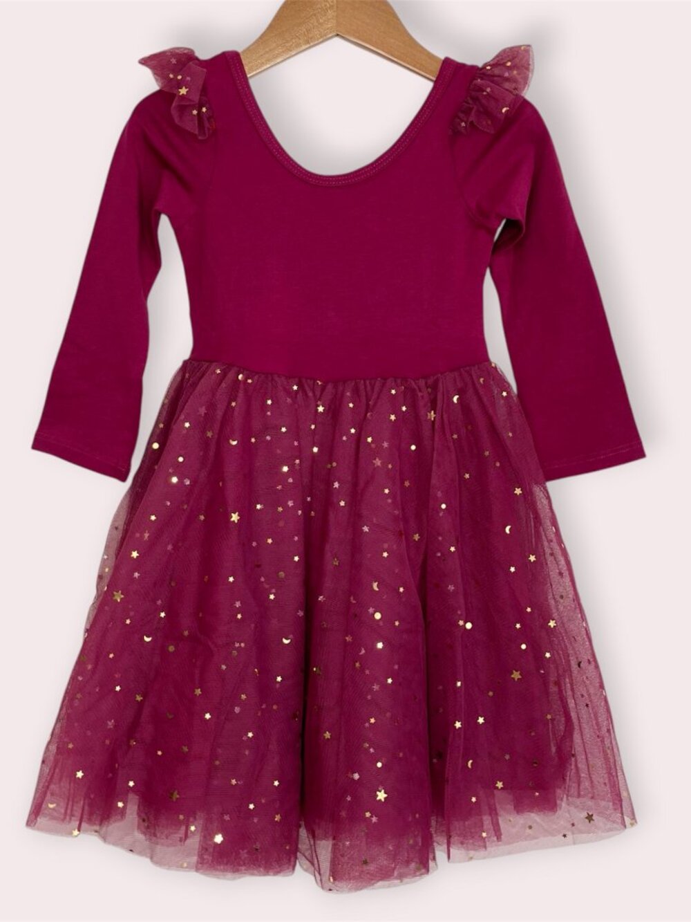 NWT Elestory Ballerina Dress berry tulle gold star flutter sleeve size 3T
